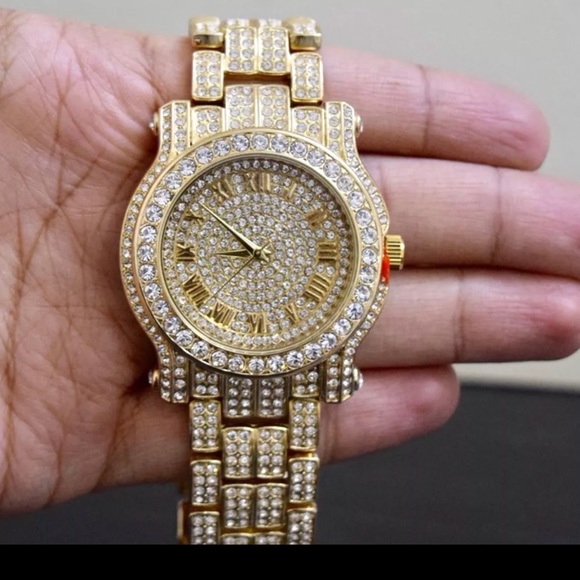 TECHNOPAVE Accessories Brand New Mens Gold Plated Lab Diamond Watch